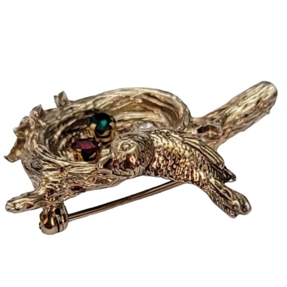 Anson Sterling Gold Vermeil Gemstone Eggs In Nest Bird Pin, Signed E748 - Picture 5 of 9